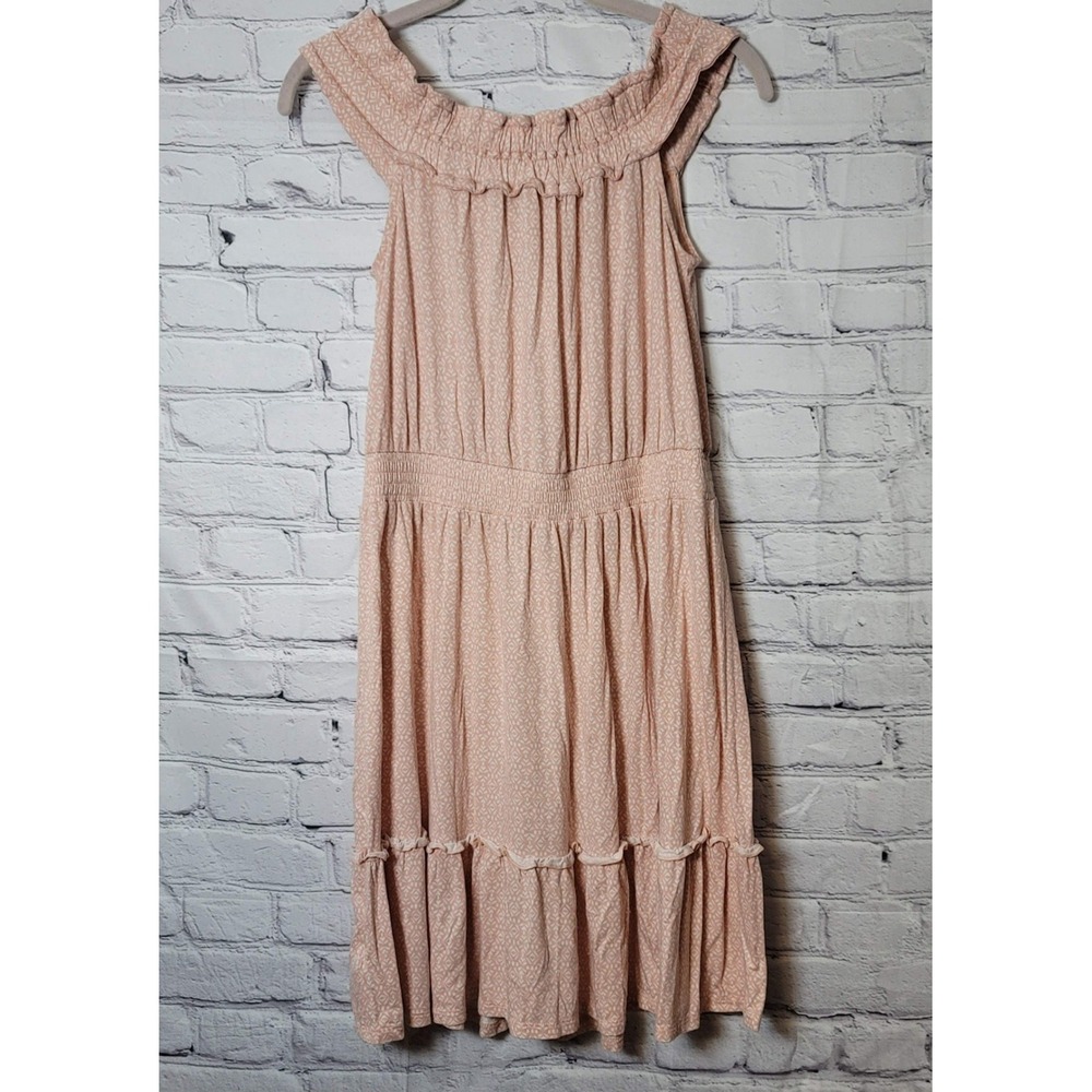 Loft Beach Women XS Peach White Ruffle Off‎ Shoulder Smocked Cottagecore Dress
